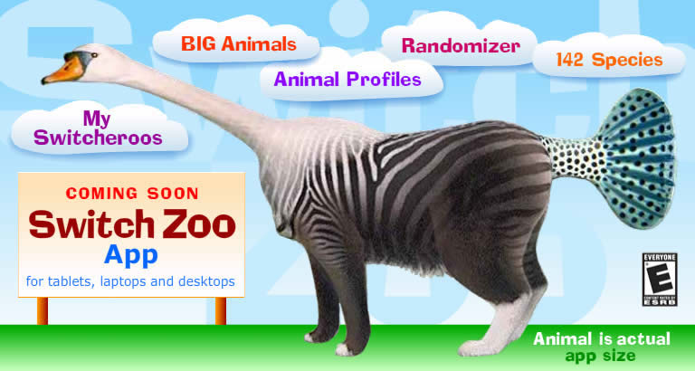 Striped Swan switcheroo standing before clouds with names of Switch Zoo app features