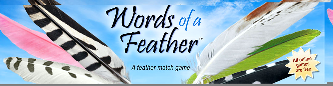 Six feathers with text: Words of a Feather - Feather match game